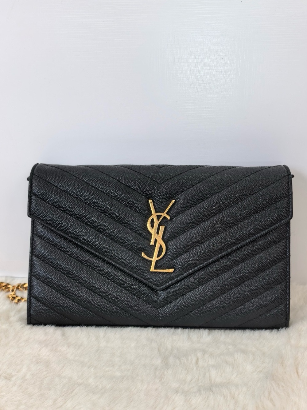 Saint Laurent Cassandre Black Quilted Envelope Wallet with Gold YSL Logo